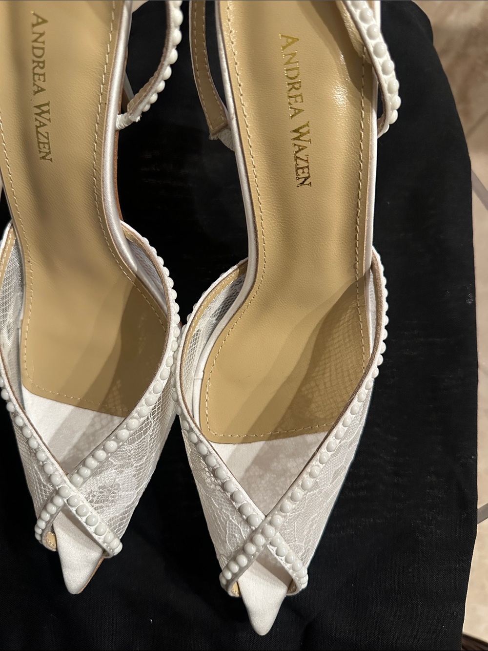 White Beaded Lace Pointed Toe Slingback Heels